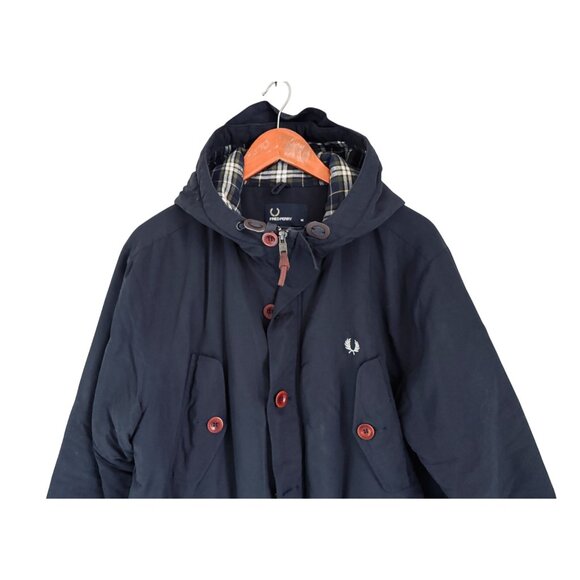 Fred Perry Mens Navy Hooded Parka Jacket With Plaid Lining & Button Details Size - Picture 2 of 9